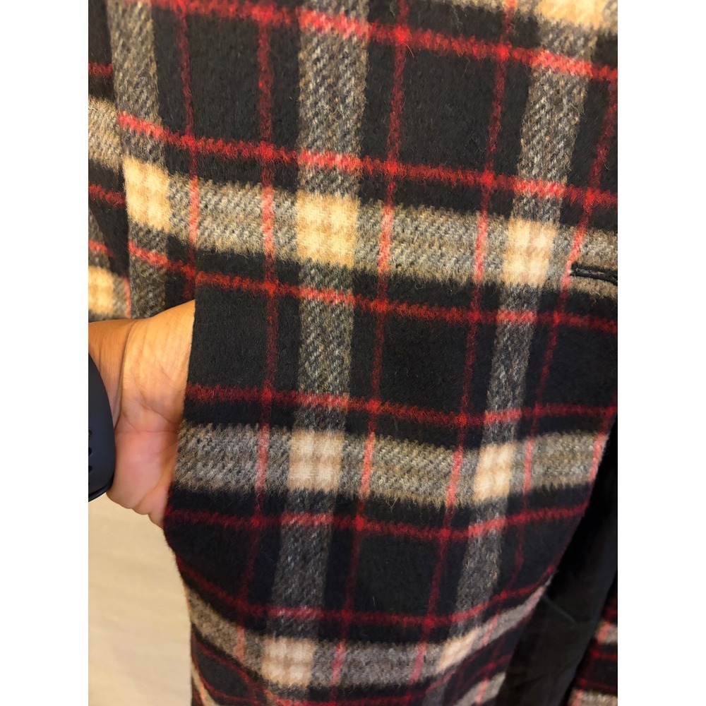 L 217 Jones Wear Plaid Wool Blend Long Coat Black Red Cream Button Front Lined - Picture 5 of 8